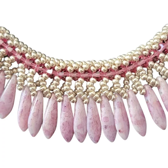 Artisan Handmade Elegant Pink & Silver Seed Bead Necklace & Earring Set - Picture 11 of 11